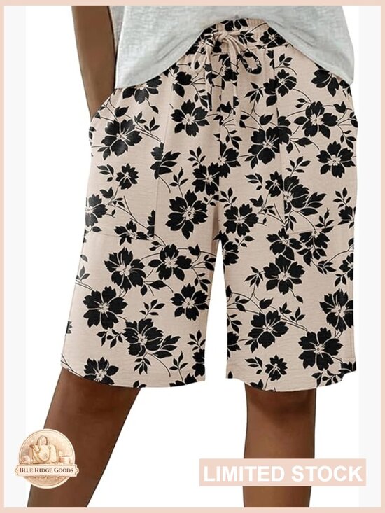 Pants - High Waisted Wide Leg Bermuda Shorts Casual Summer Drawstring Loose Fit Knee